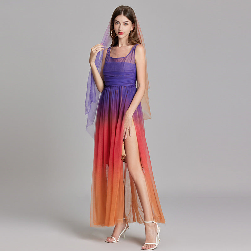 Orange And Blue Gradient Chiffon Dress with Side Slit And Ruched Vest - 811075249416_BAS