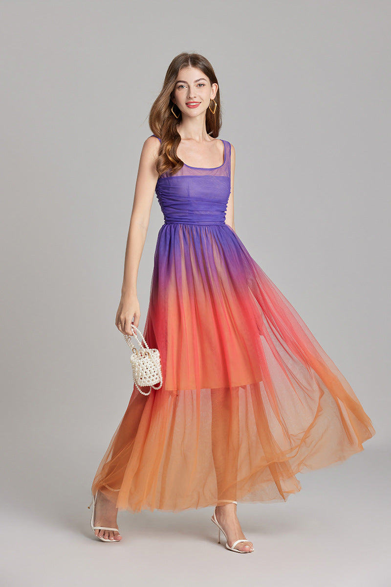 Orange And Blue Gradient Chiffon Dress with Side Slit And Ruched Vest - 811075249416_BAS