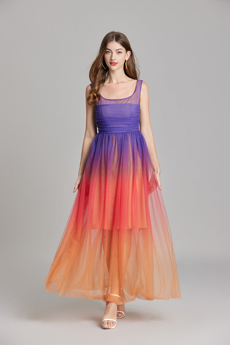 Orange And Blue Gradient Chiffon Dress with Side Slit And Ruched Vest - 811075249416_BAS