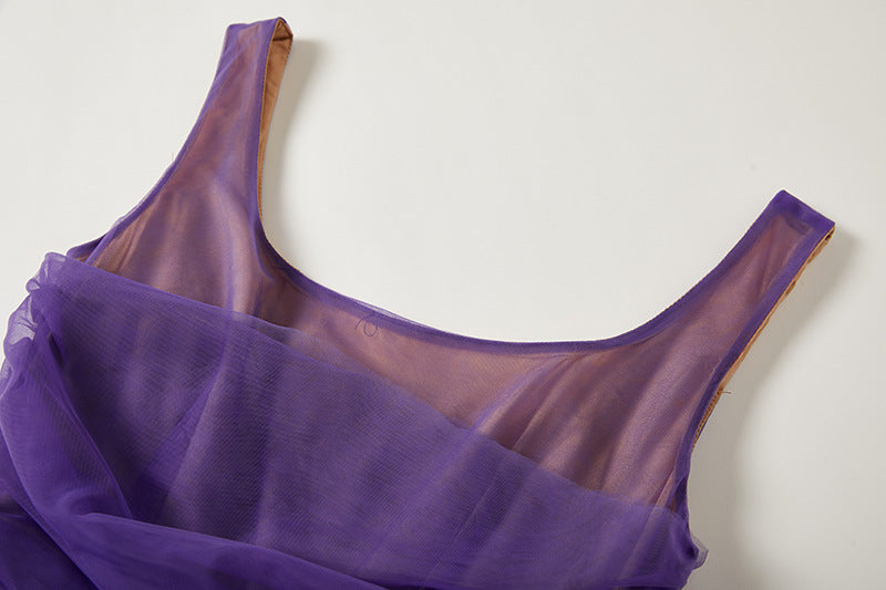 Orange And Blue Gradient Chiffon Dress with Side Slit And Ruched Vest - 811075249416_BAS