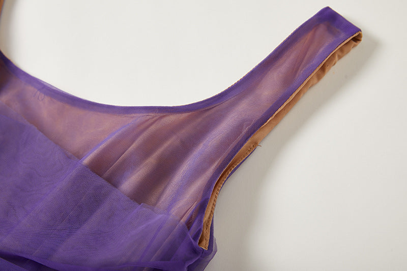 Orange And Blue Gradient Chiffon Dress with Side Slit And Ruched Vest - 811075249416_BAS