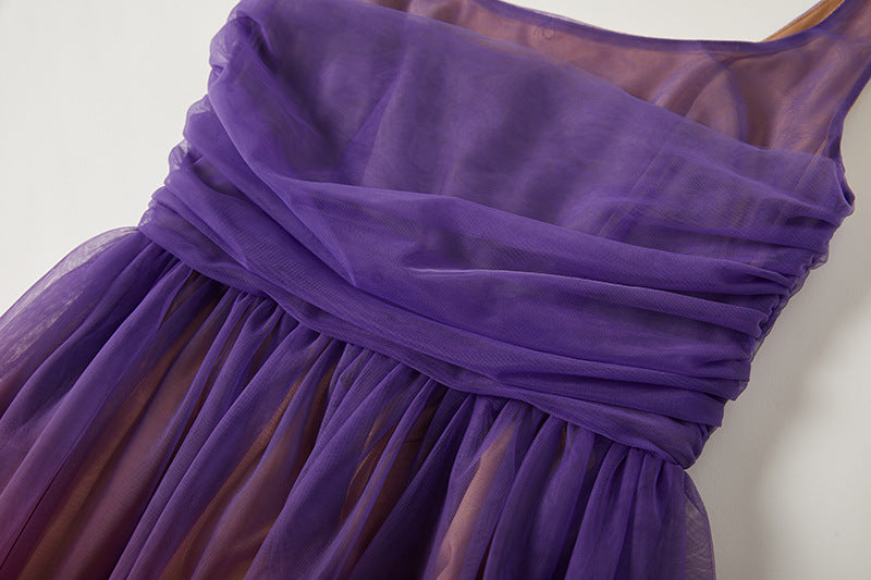 Orange And Blue Gradient Chiffon Dress with Side Slit And Ruched Vest - 811075249416_BAS