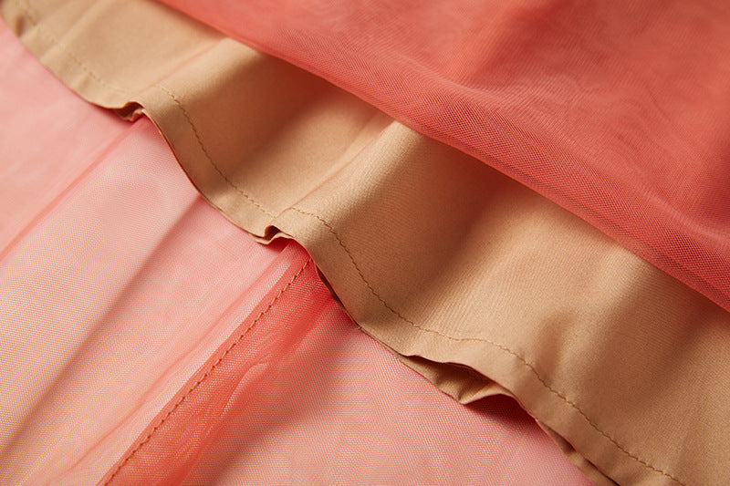 Orange And Blue Gradient Chiffon Dress with Side Slit And Ruched Vest - 811075249416_BAS