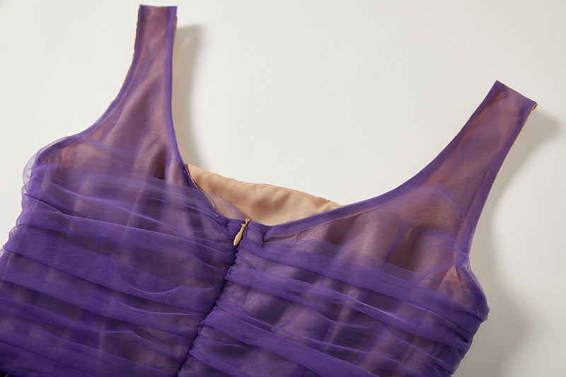 Orange And Blue Gradient Chiffon Dress with Side Slit And Ruched Vest - 811075249416_BAS