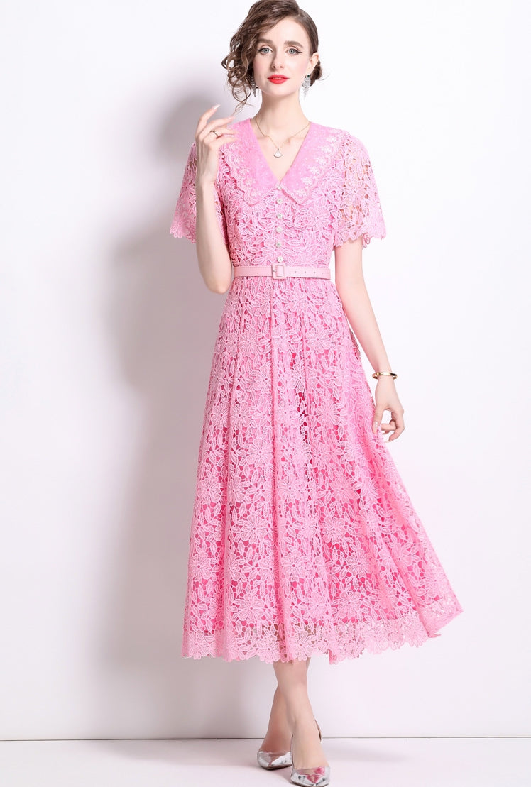 French Lace Soft Pink Dress With Embroidered Lapel And Belt - 811175410823_BAS