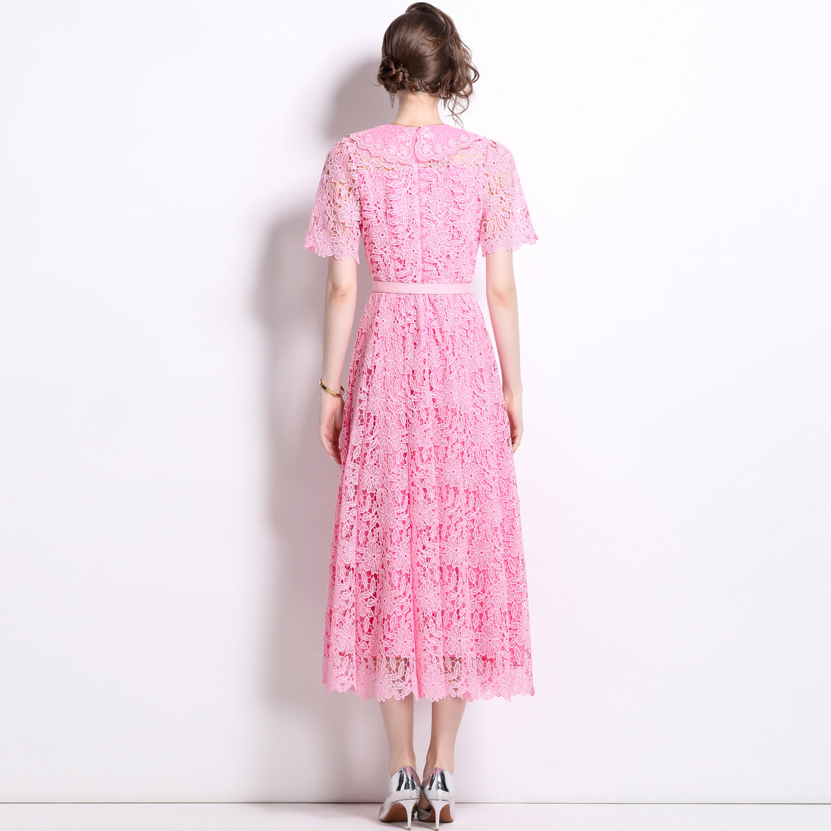 French Lace Soft Pink Dress With Embroidered Lapel And Belt - 811175410823_BAS