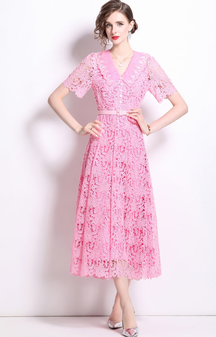 French Lace Soft Pink Dress With Embroidered Lapel And Belt - 811175410823_BAS