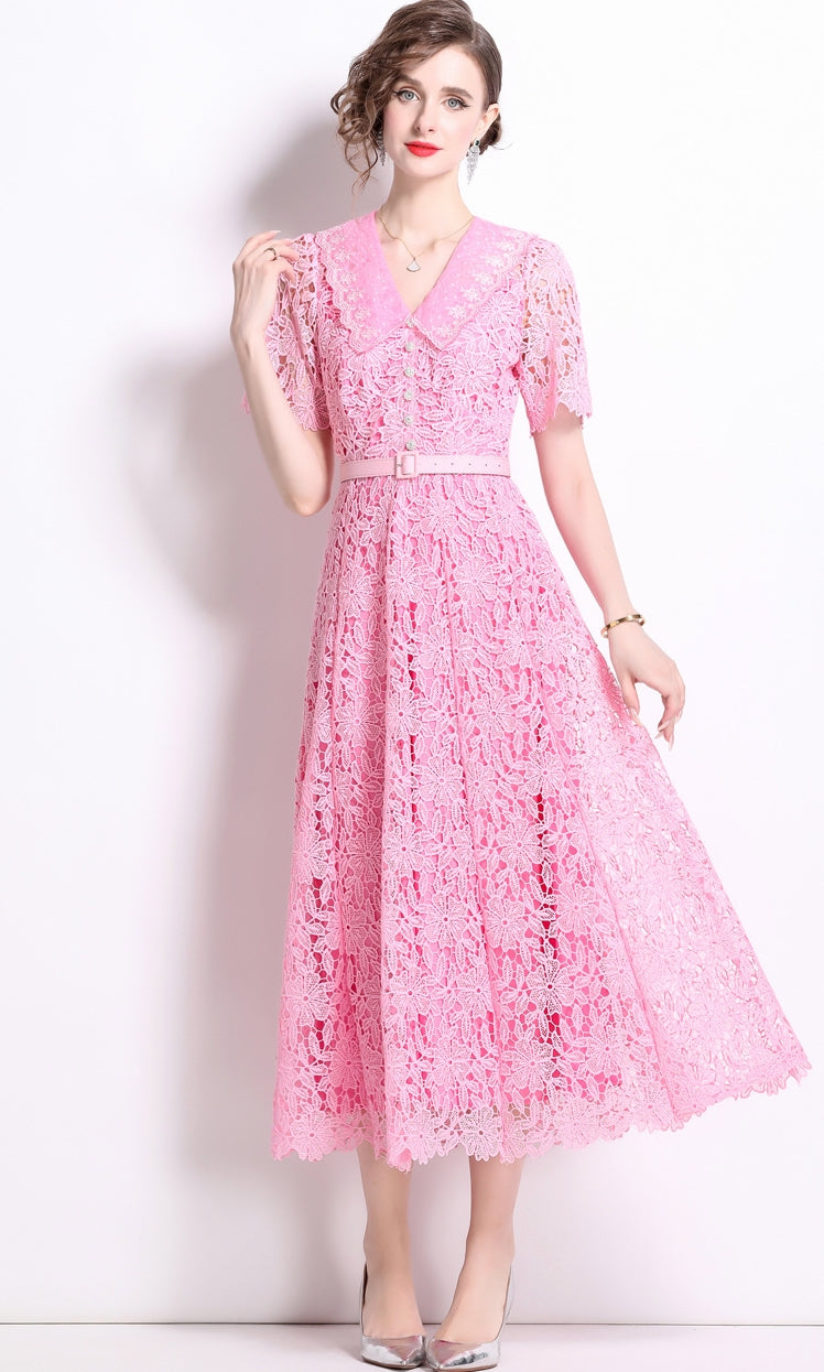 French Lace Soft Pink Dress With Embroidered Lapel And Belt - 811175410823_BAS