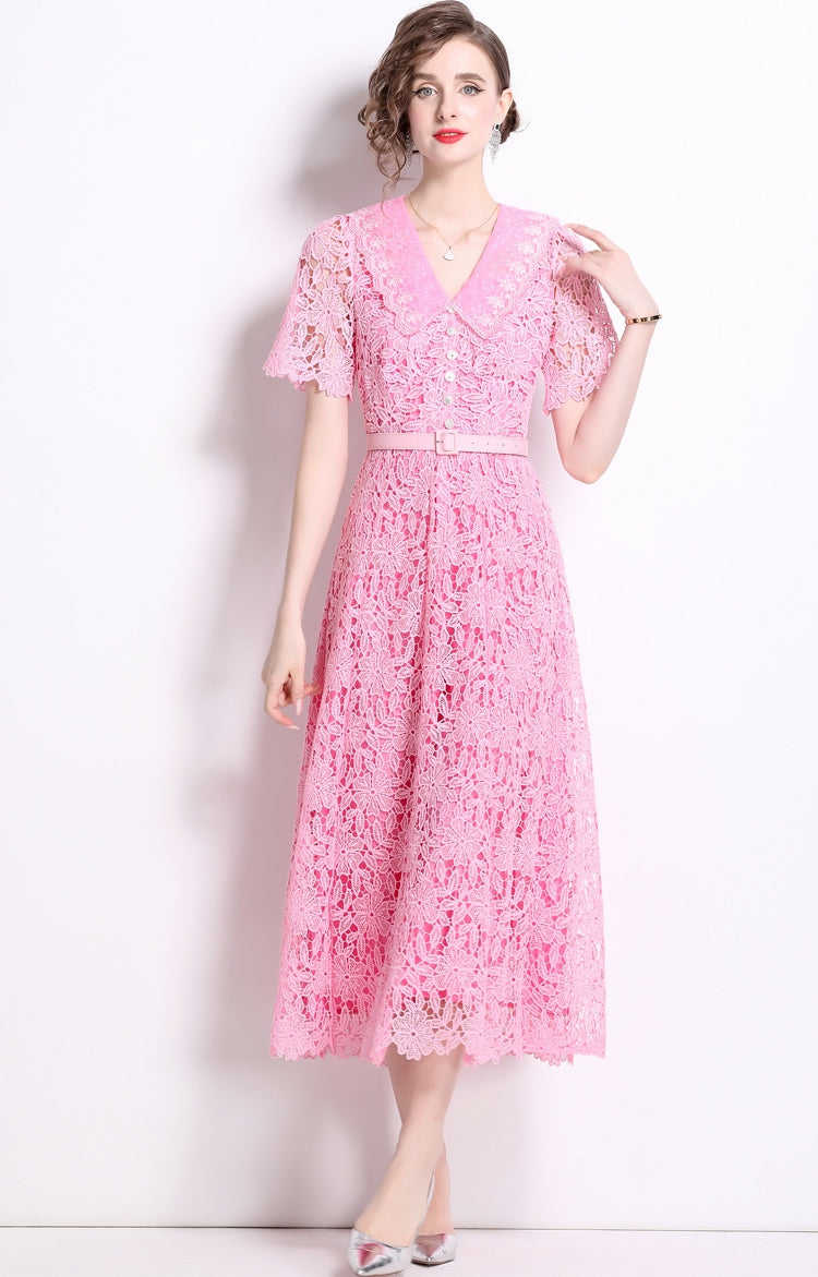 French Lace Soft Pink Dress With Embroidered Lapel And Belt - 811175410823_BAS