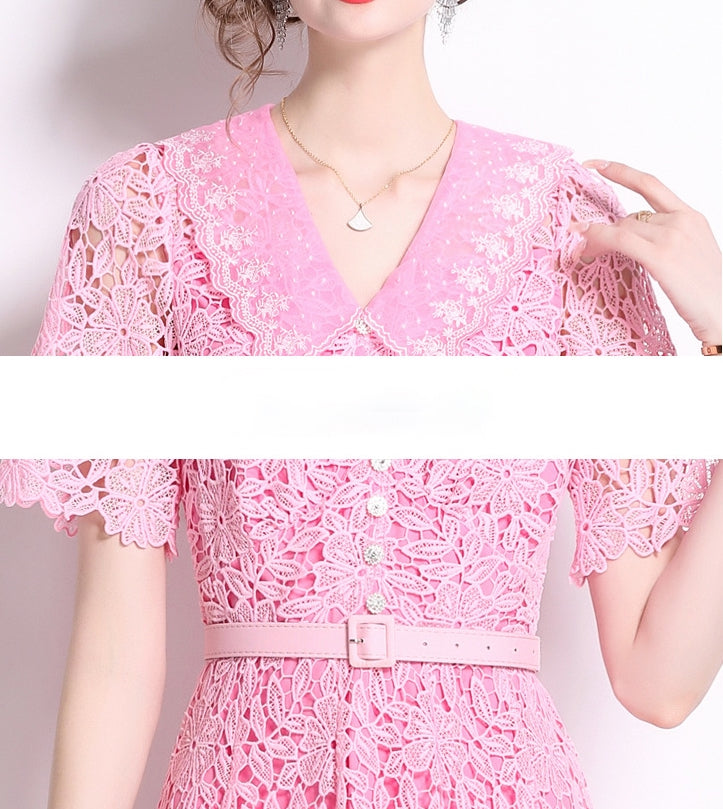 French Lace Soft Pink Dress With Embroidered Lapel And Belt - 811175410823_BAS