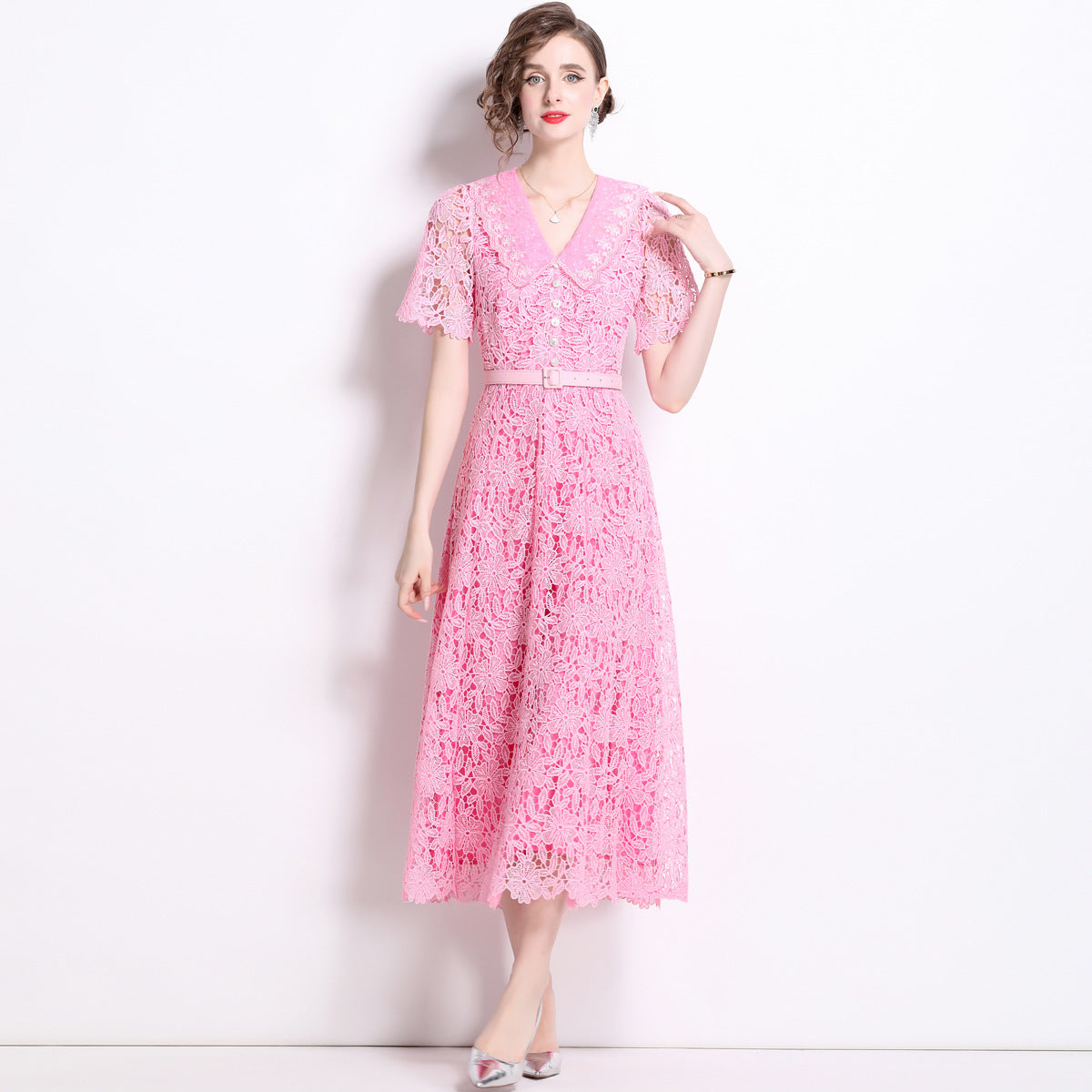 French Lace Soft Pink Dress With Embroidered Lapel And Belt - 811175410823_BAS