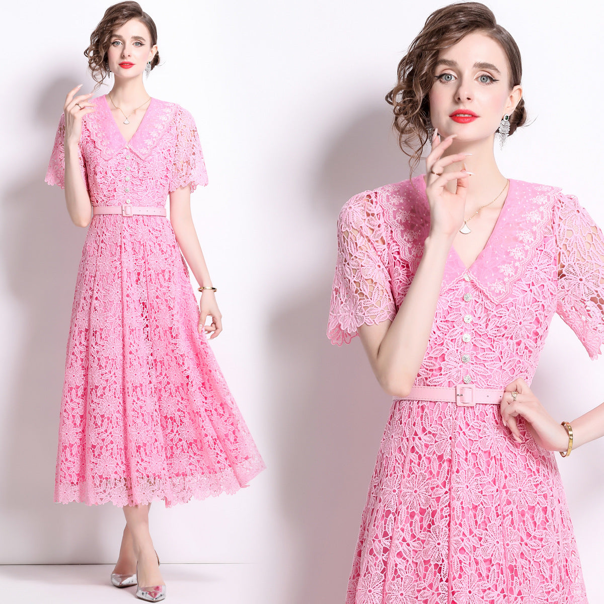 French Lace Soft Pink Dress With Embroidered Lapel And Belt - 811175410823_BAS