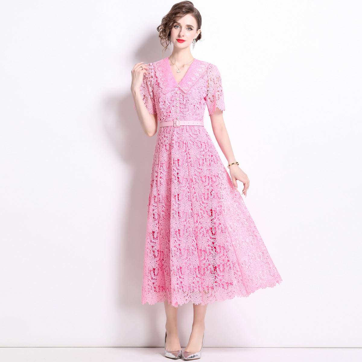 French Lace Soft Pink Dress With Embroidered Lapel And Belt - 811175410823_BAS