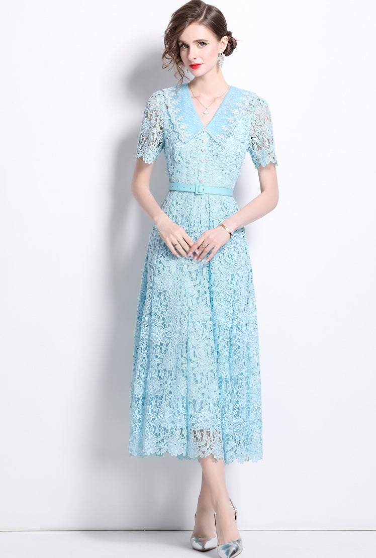 French Lace Lake Blue Dress With Embroidered Lapel And Belt - 811343085337_BAS