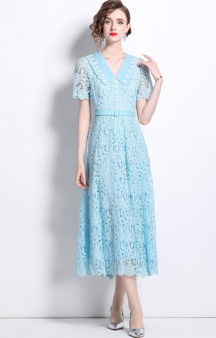 French Lace Lake Blue Dress With Embroidered Lapel And Belt - 811343085337_BAS