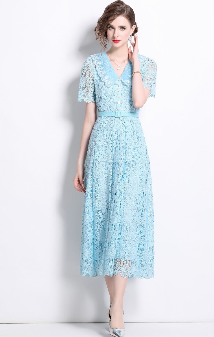 French Lace Lake Blue Dress With Embroidered Lapel And Belt - 811343085337_BAS