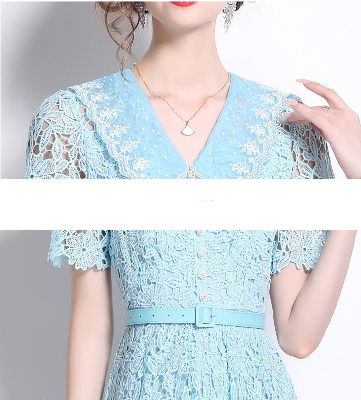 French Lace Lake Blue Dress With Embroidered Lapel And Belt - 811343085337_BAS
