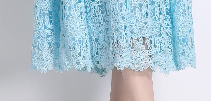 French Lace Lake Blue Dress With Embroidered Lapel And Belt - 811343085337_BAS