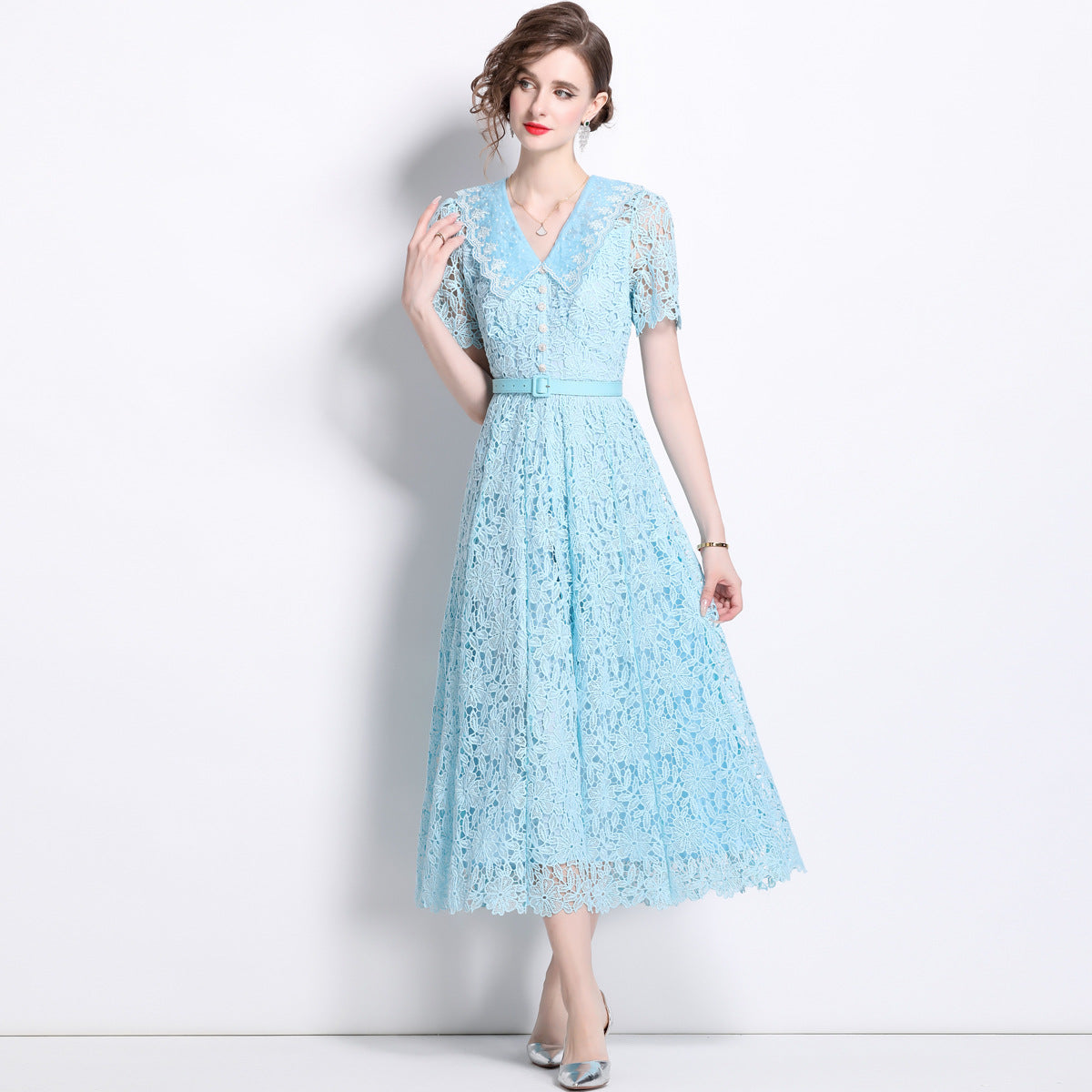 French Lace Lake Blue Dress With Embroidered Lapel And Belt - 811343085337_BAS