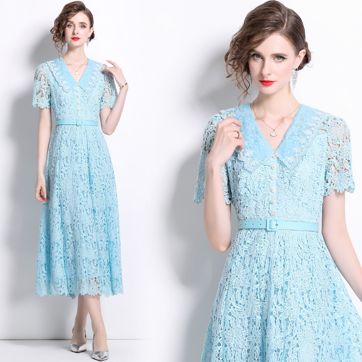 French Lace Lake Blue Dress With Embroidered Lapel And Belt - 811343085337_BAS