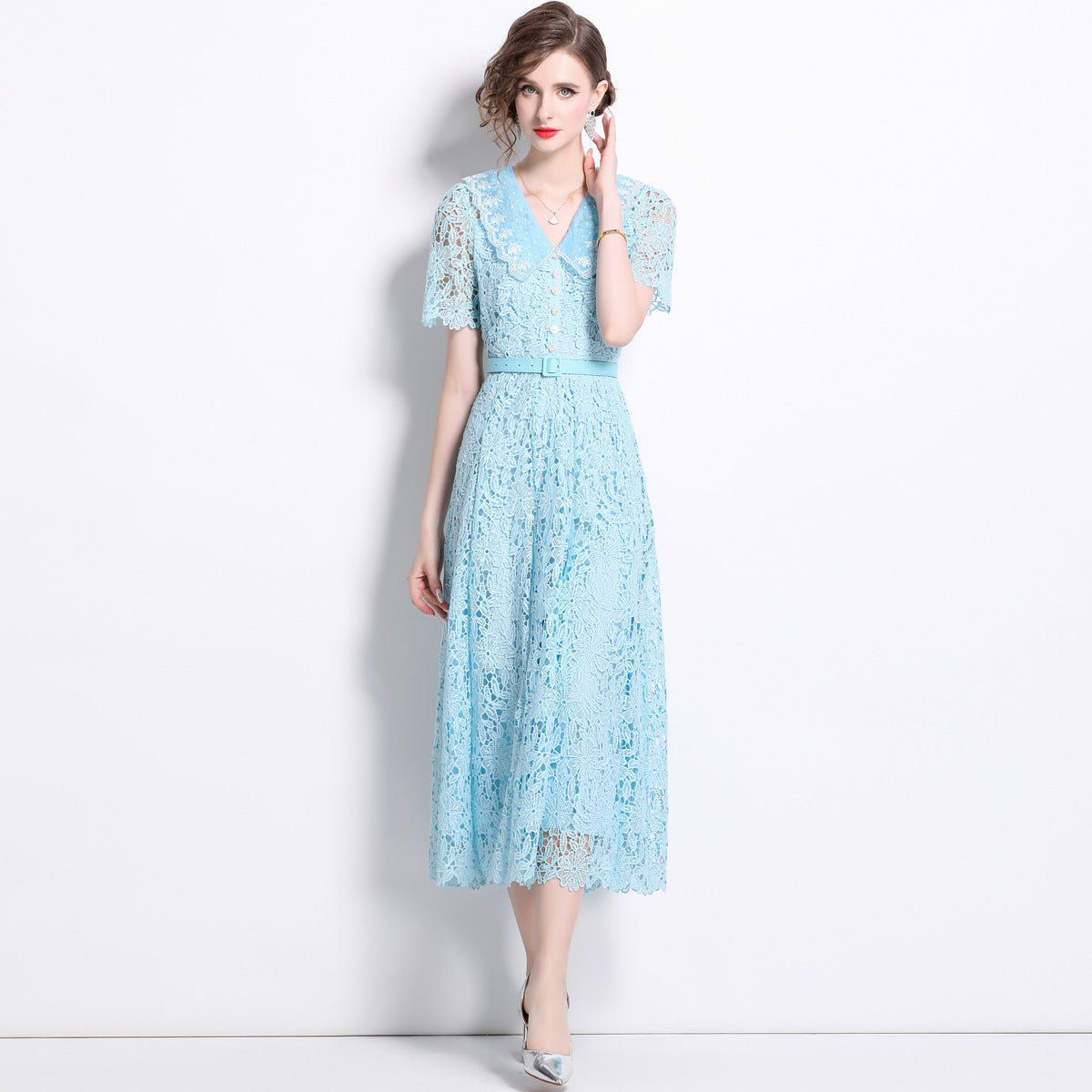 French Lace Lake Blue Dress With Embroidered Lapel And Belt - 811343085337_BAS
