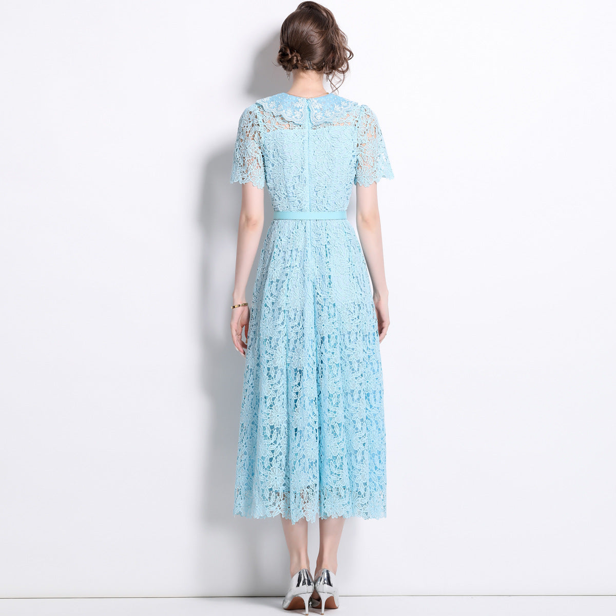 French Lace Lake Blue Dress With Embroidered Lapel And Belt - 811343085337_BAS