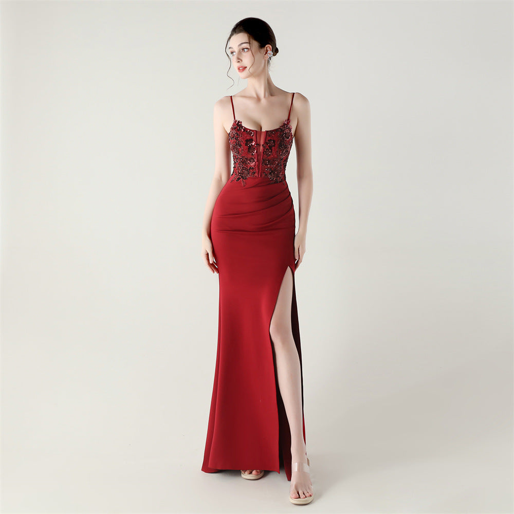 Deep Red Sequined Evening Gown