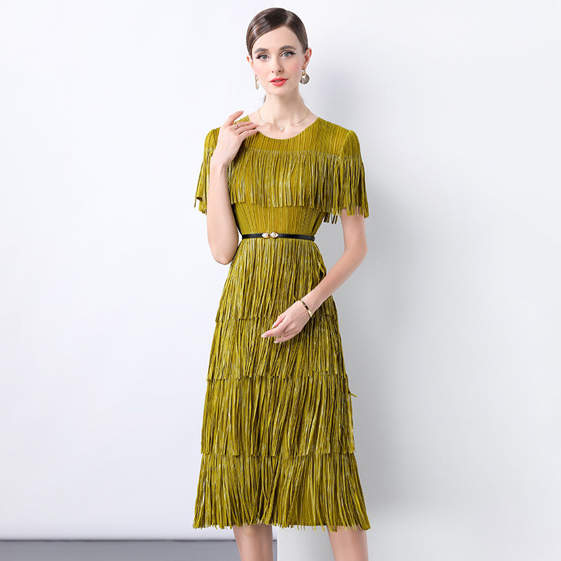 Golden Olive Fringe Flair Dress