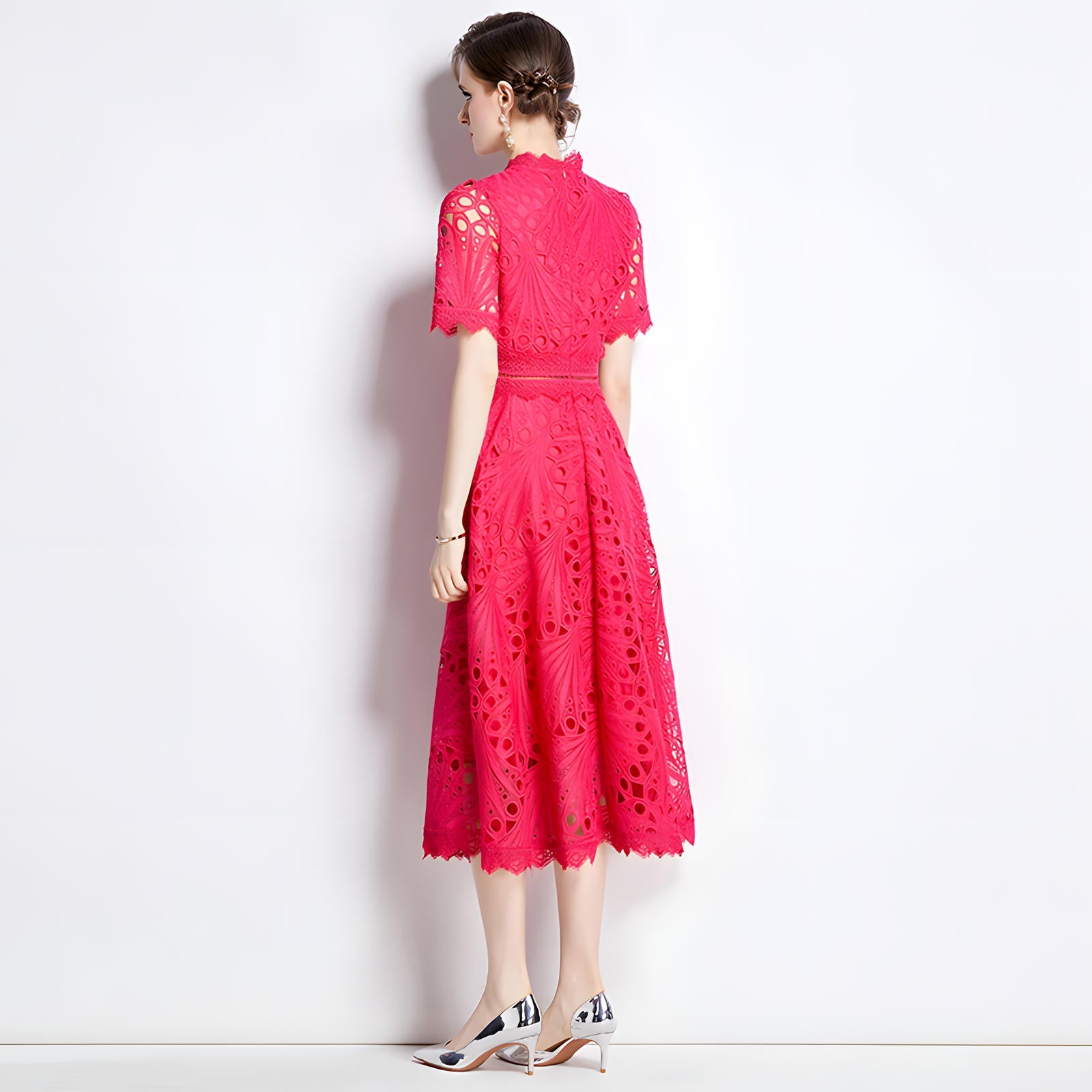 Luxury French Lace Jewel Neckline Rose Red Dress - NRJ-607#6947_ROS (EOSS)