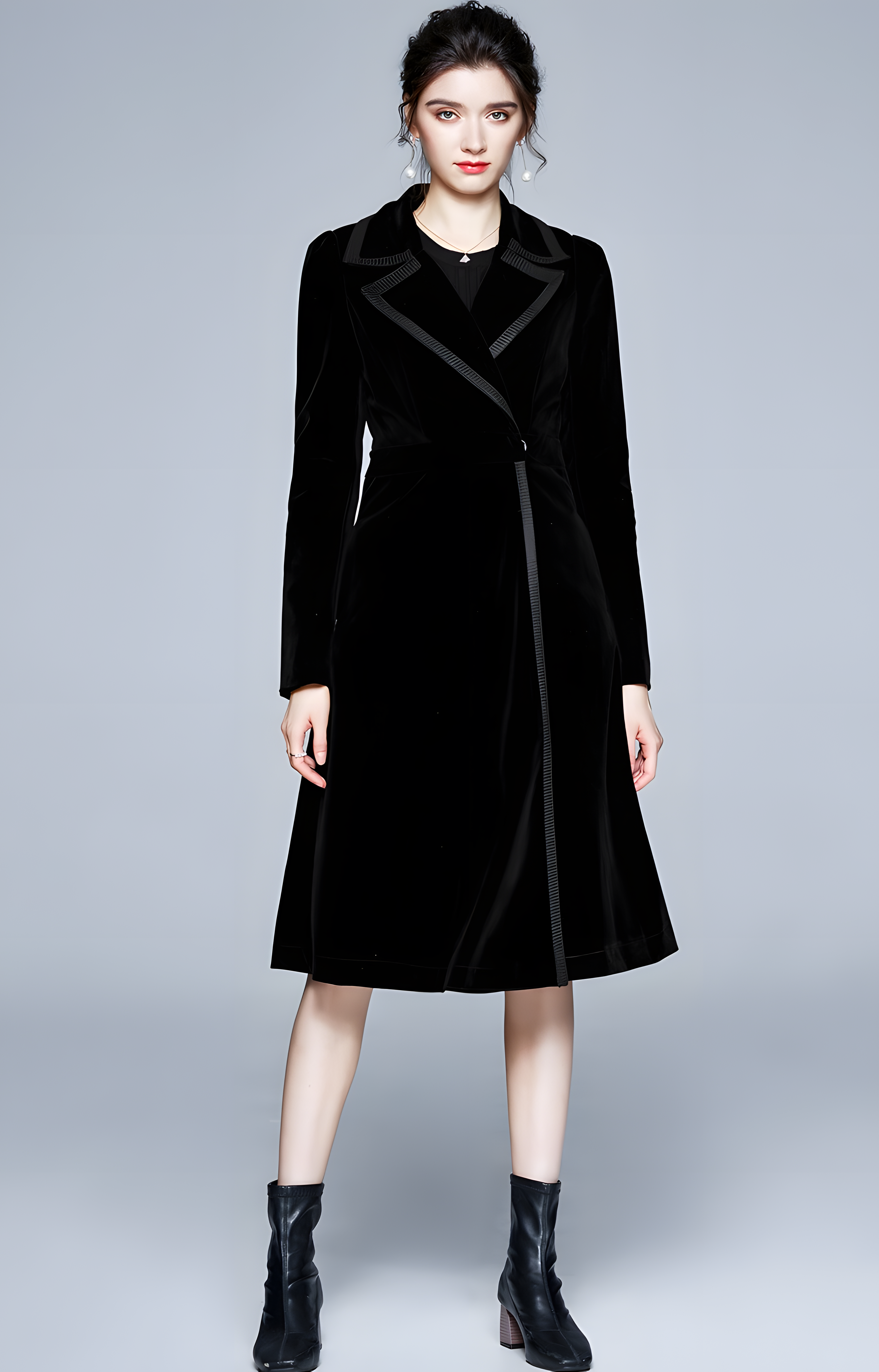 Statement Black Velvet Overcoat with Grand Lapels and Pocket- 627250463092_BLA