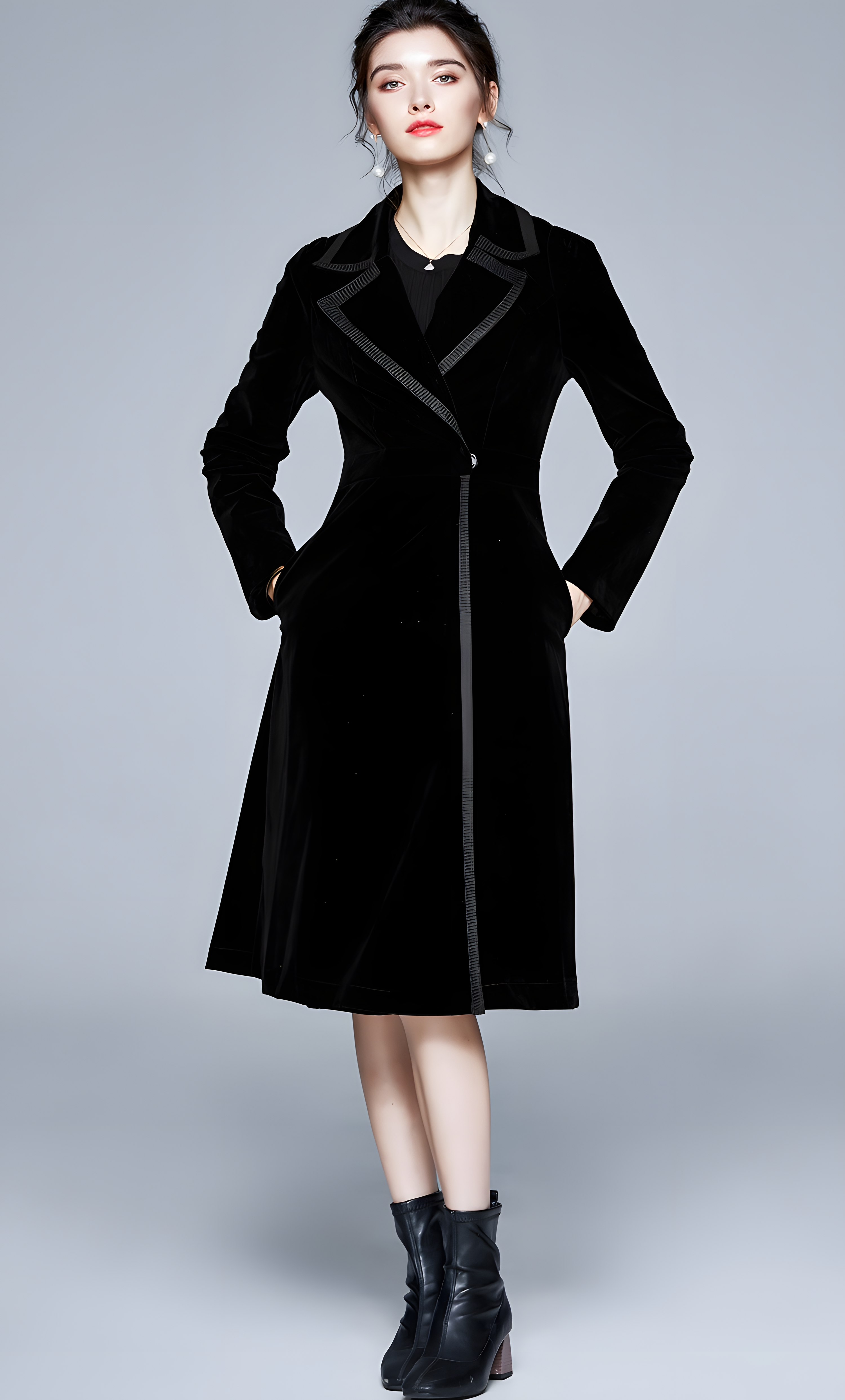 Statement Black Velvet Overcoat with Grand Lapels and Pocket- 627250463092_BLA