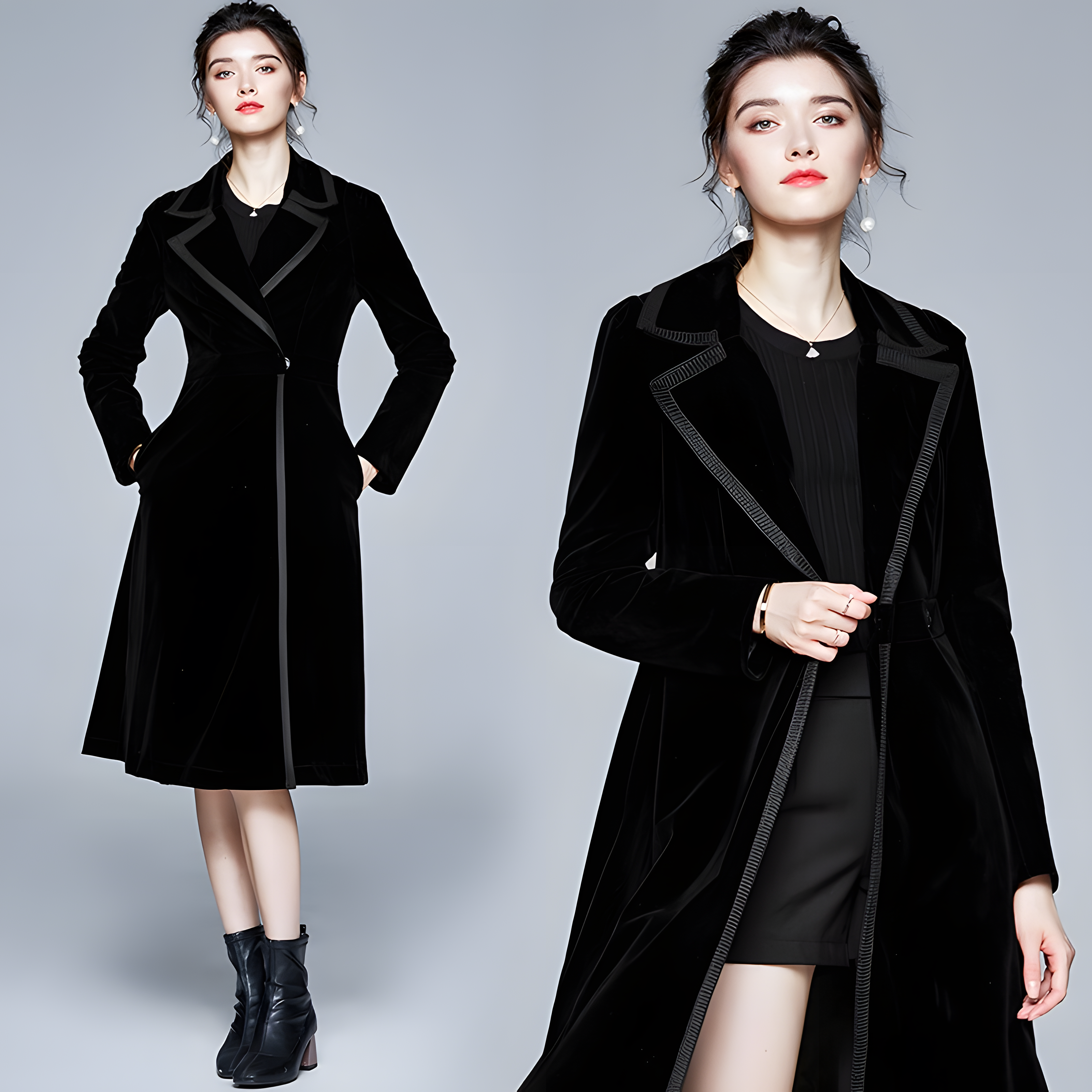 Statement Black Velvet Overcoat with Grand Lapels and Pocket- 627250463092_BLA