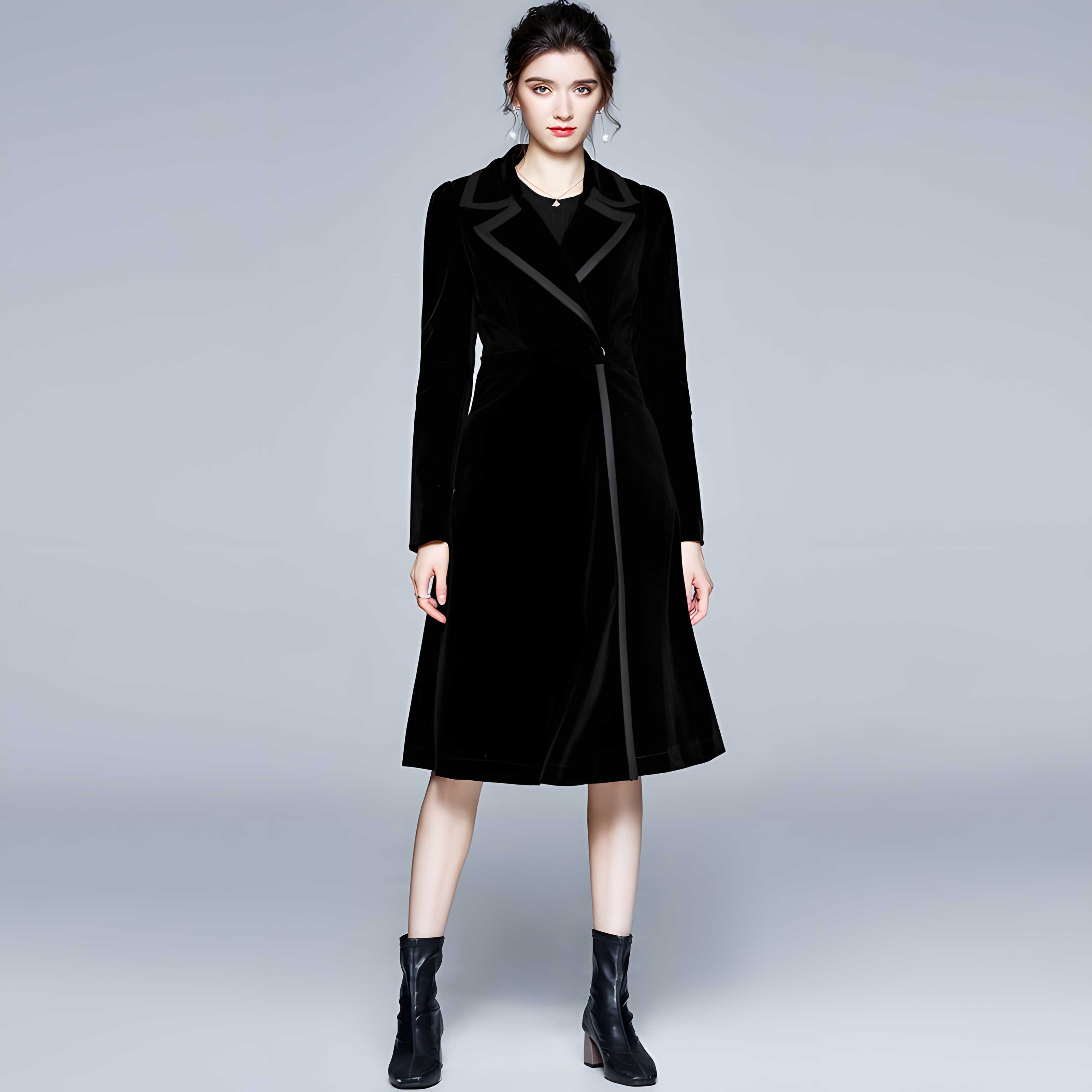 Statement Black Velvet Overcoat with Grand Lapels and Pocket- 627250463092_BLA