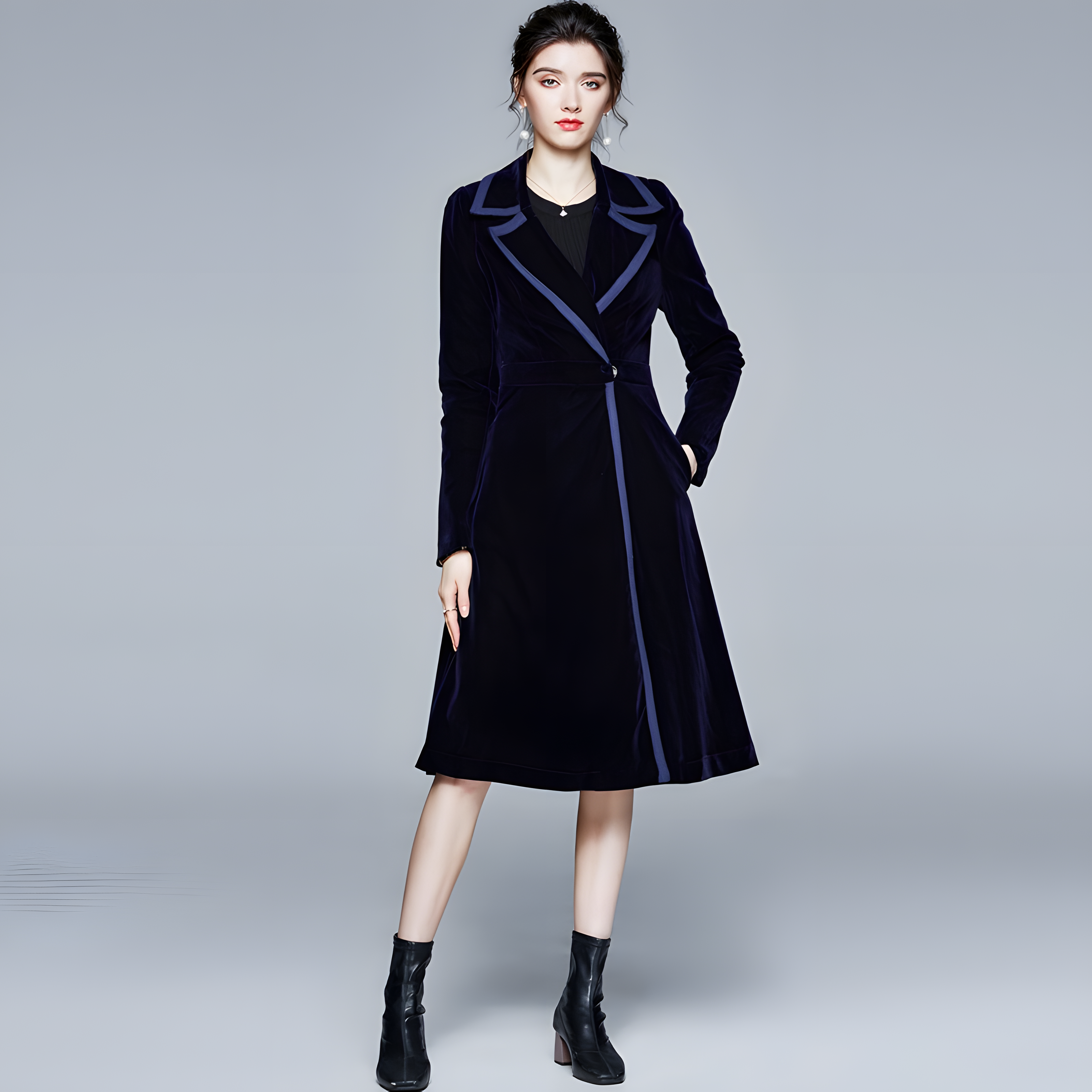 Statement Black Velvet Overcoat with Grand Lapels and Pocket- 627250463092_BLU