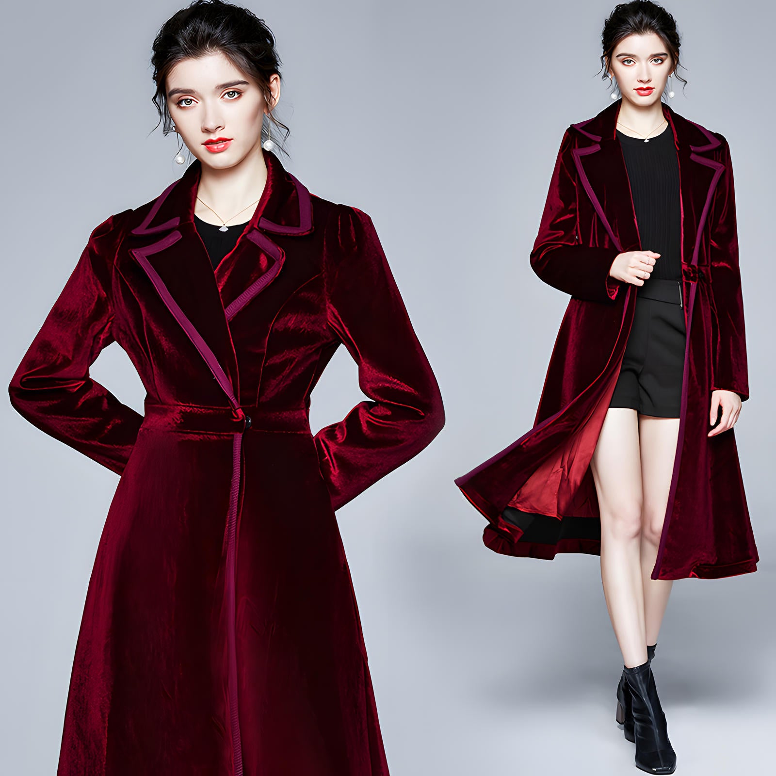 Statement Black Velvet Overcoat with Grand Lapels and Pocket- 627250463092_CLA