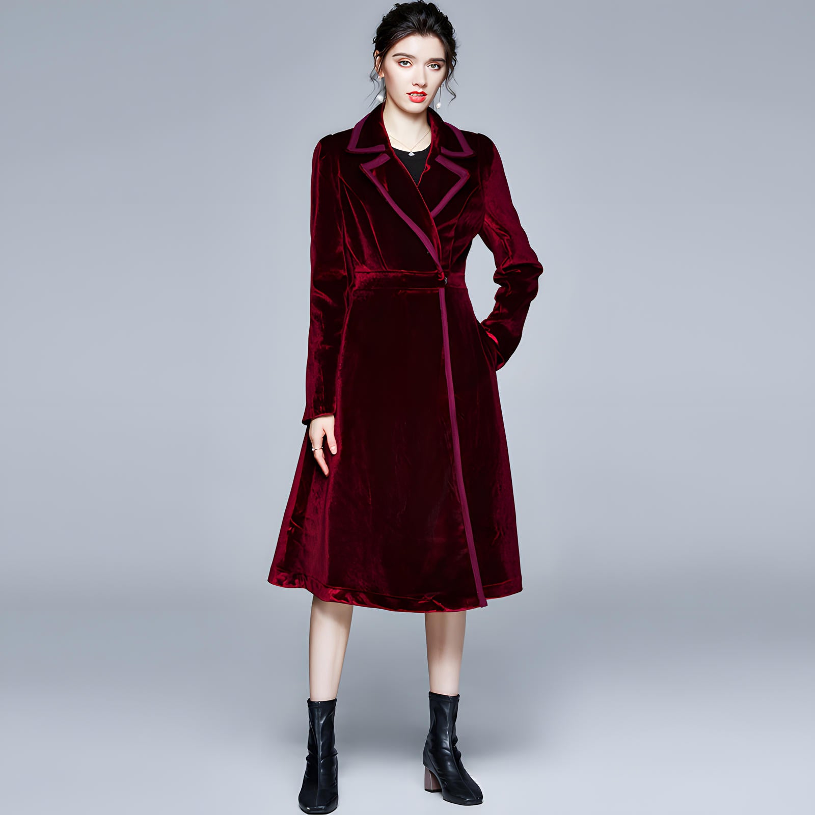 Statement Black Velvet Overcoat with Grand Lapels and Pocket- 627250463092_CLA