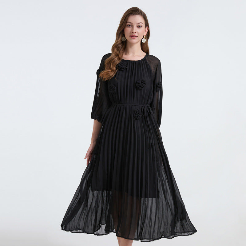 Midnight Bloom Pleated Chiffon Dress - 906472342218_BLACK