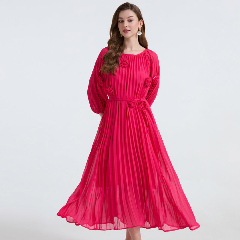 Rose Radiance Pleated Chiffon Dress - 906472342218_ROSERED