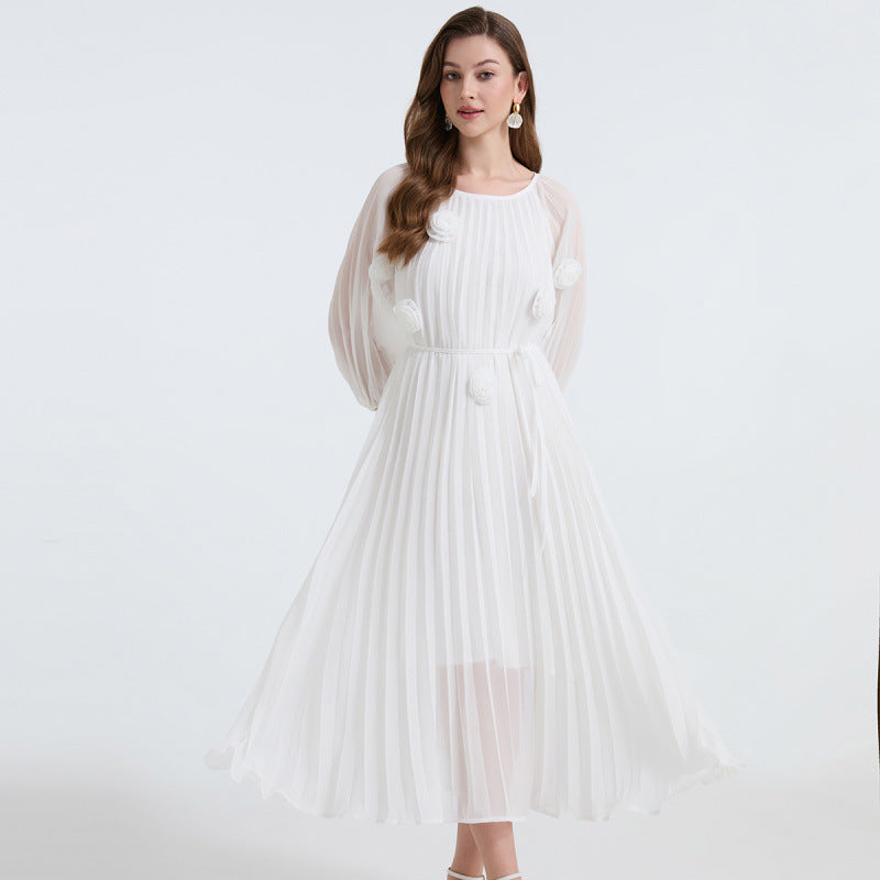 Snow Petal Pleated Chiffon Dress - 906472342218_WHITE