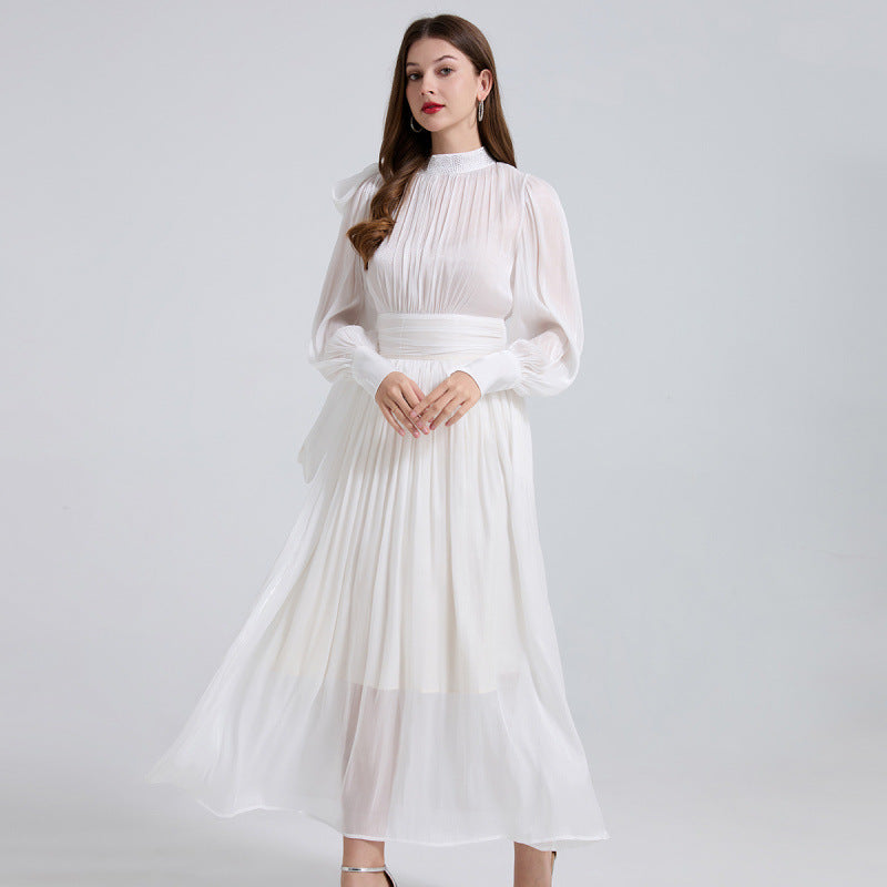 Ivory Grace High-Neck Pleated Midi Dress - 905557854806_WHITE