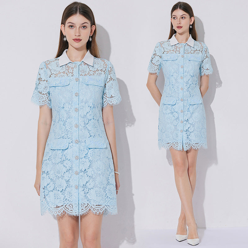 Bella Azure Collared Lace Mini Dress - 901753717898_BLUE