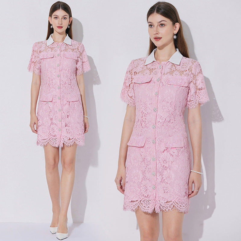 Rosette Charm Collared Lace Shirt Dress - 902173220374_PINK