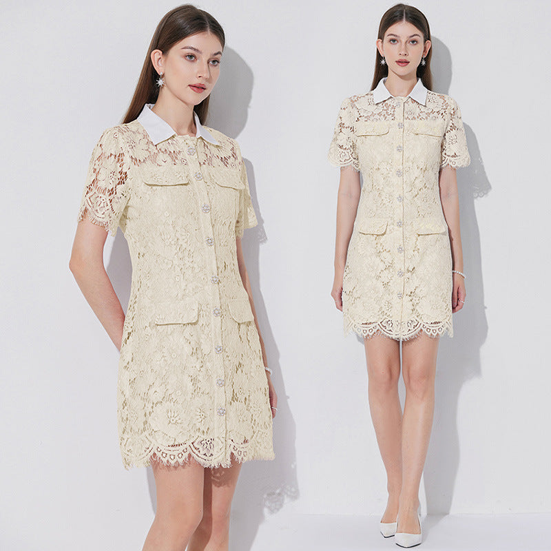 Vanilla Cream Collared Lace Utility Dress - 902176944234_APRICOT