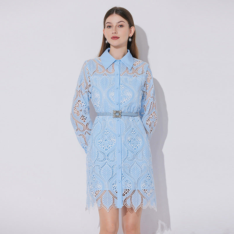 Celestial Eyelet Belted Shirt Dress - 901028103574_BLUE