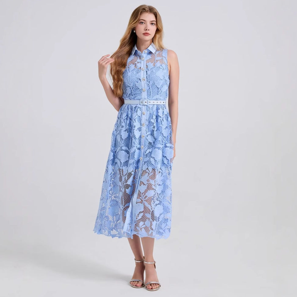 Sky Blossom Sleeveless Lace Midi Dress - 919430221311_BLUE