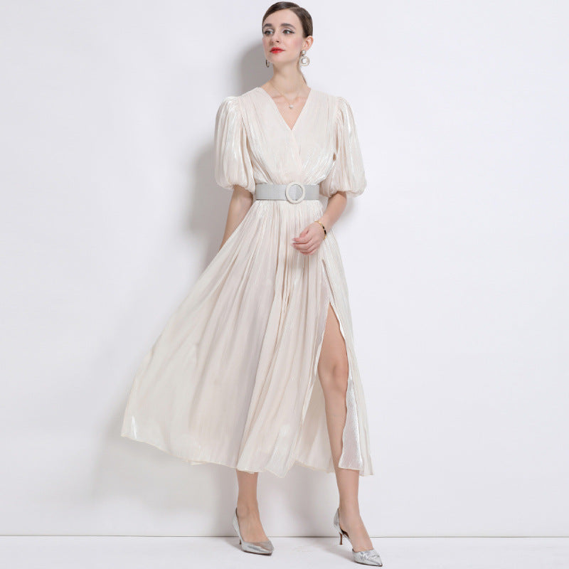 Ivory Grace Pleated Belted Dress - 920551704711_APRICOT