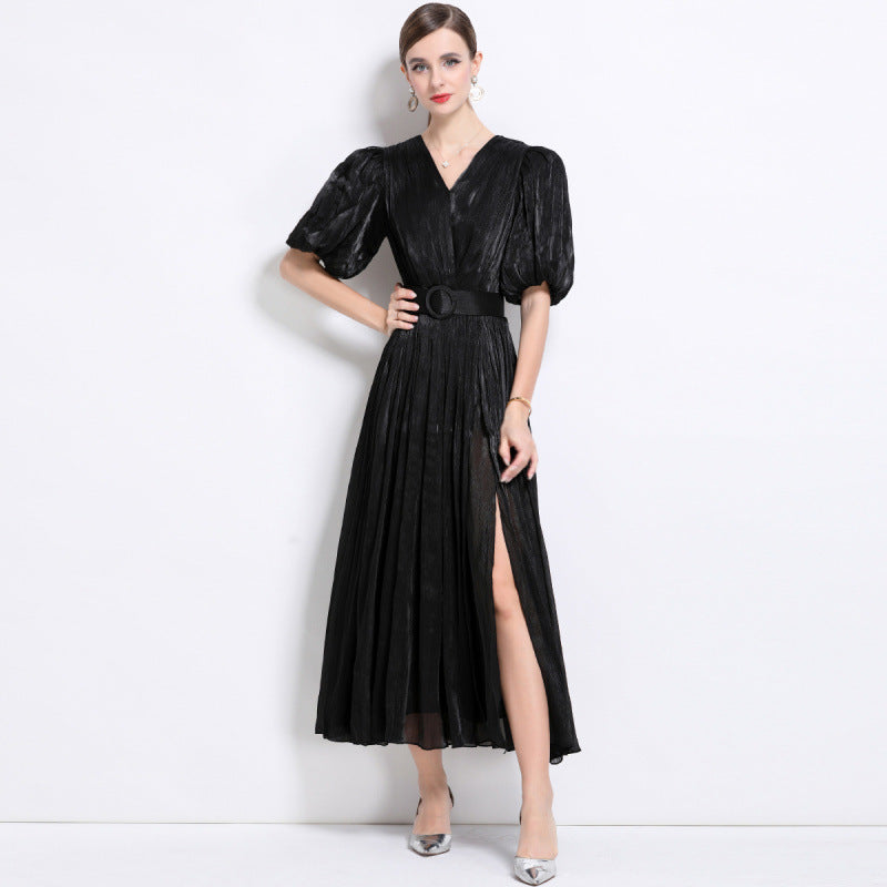 Midnight Allure Pleated Black Dress - 920551704711_BLACK