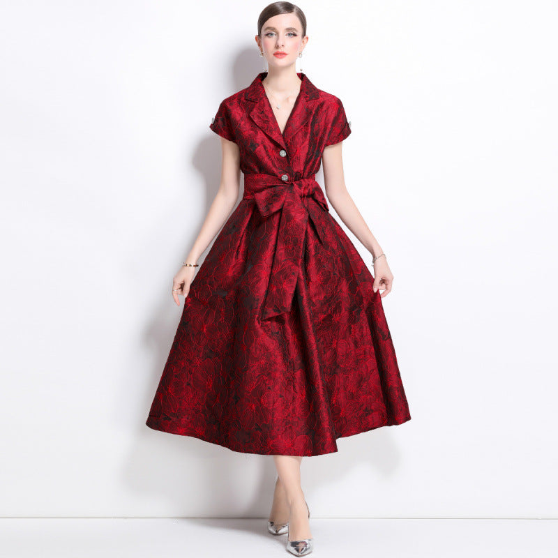 Crimson Elegance Brocade Midi Dress - 913663767470_RED