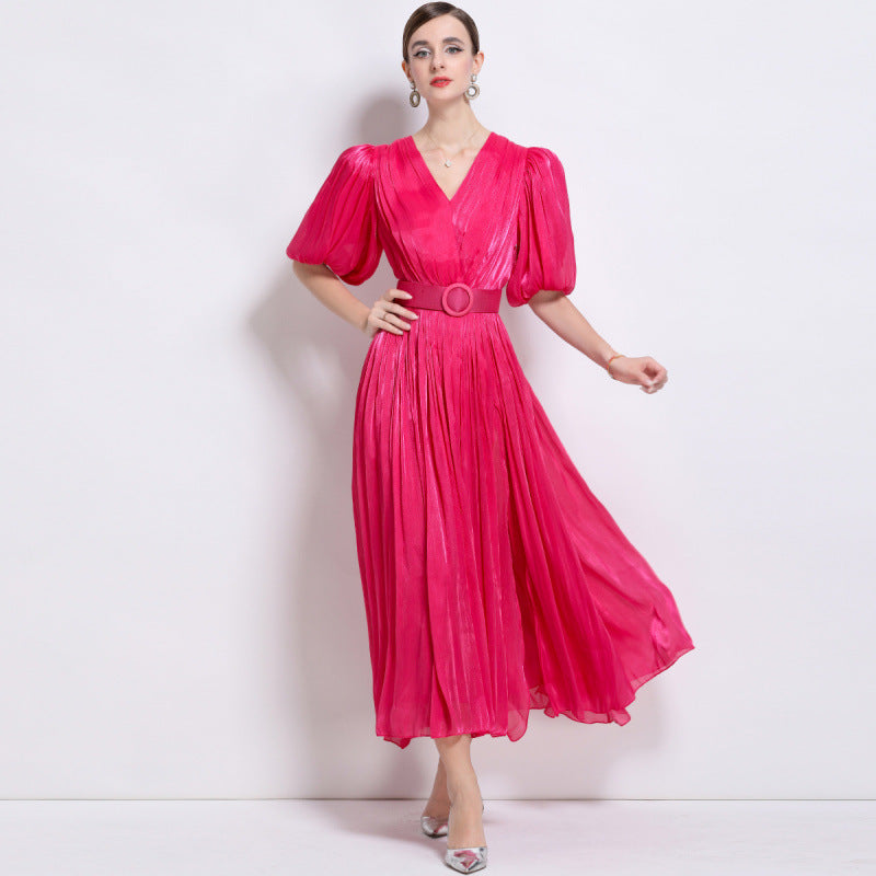 Radiant Rose Pleated Belted Dress - 920551704711_ROSERED
