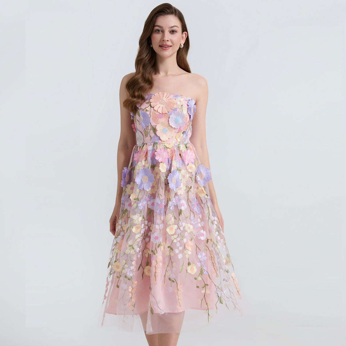 Petal Whisper Strapless Embroidered Dress - 912071976607_PINK